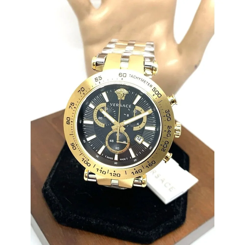 Versace Men's Watch VEJB00622 Swiss Quartz Chronograph Black Dial Two Tone Steel
